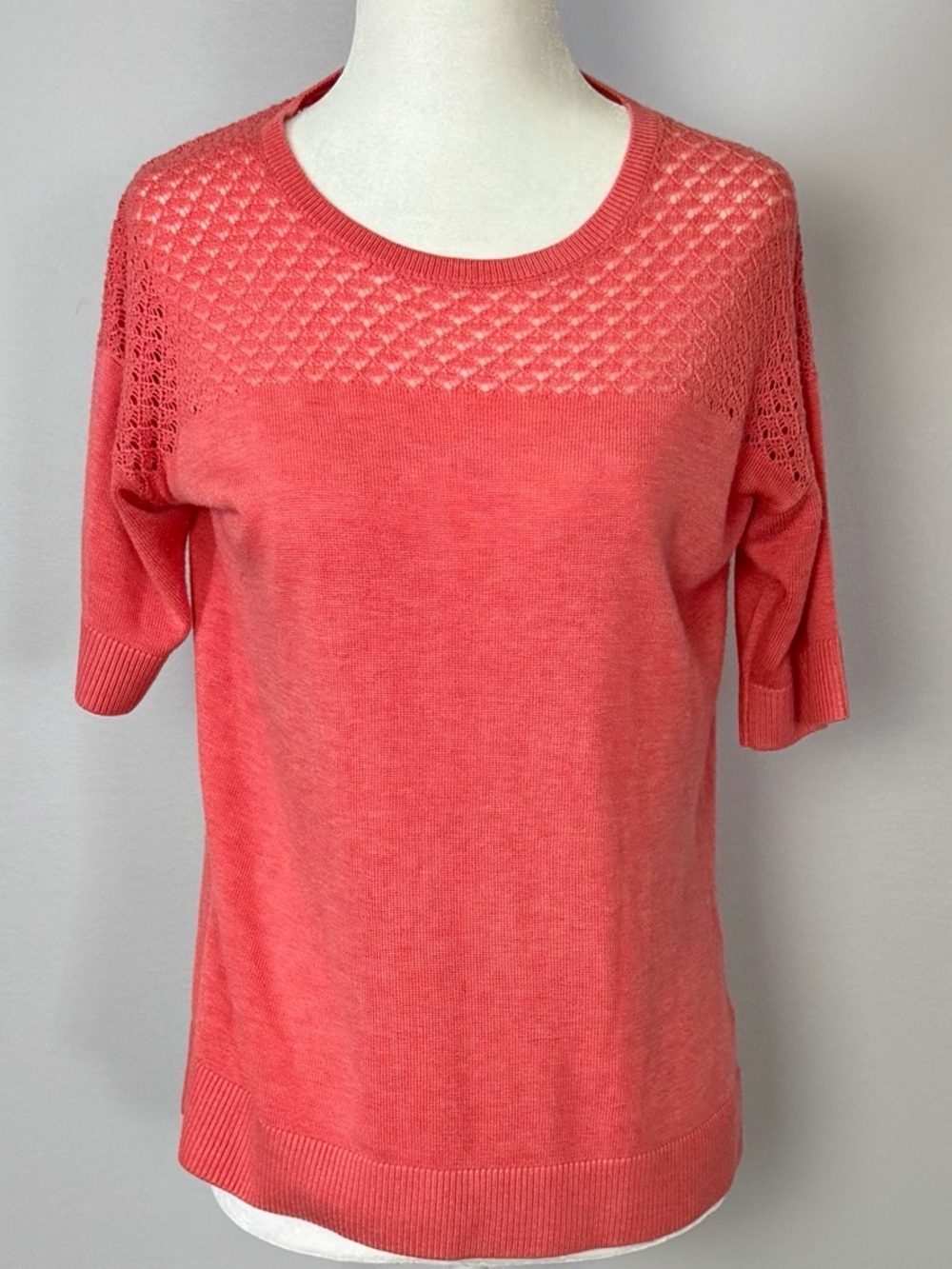 Banana Republic Coral Openwork Yoke Short Sleeve Sweater